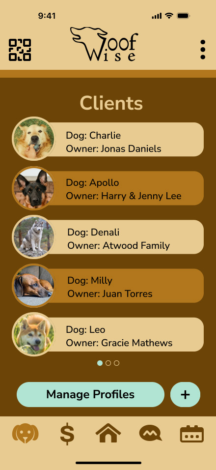 Woofwise - trainer side - clients page