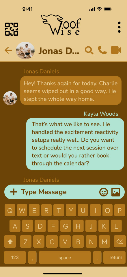 Woofwise - trainer side - direct messages, open chat with client Jonas Daniels