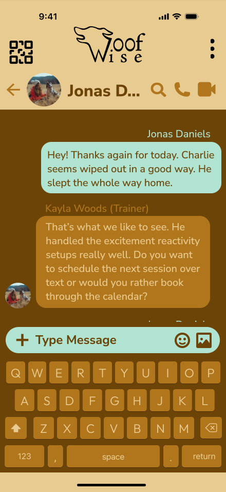 Woofwise - client side - direct messages, open chat with Trainer Kayla Woods