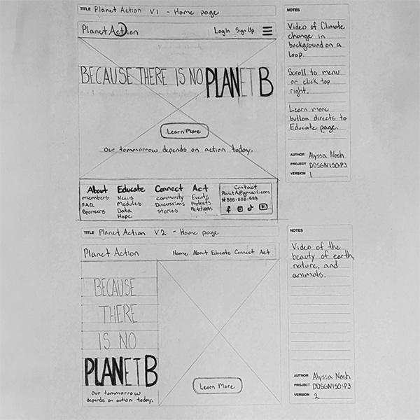Planet Action home page low fidelity wireframe