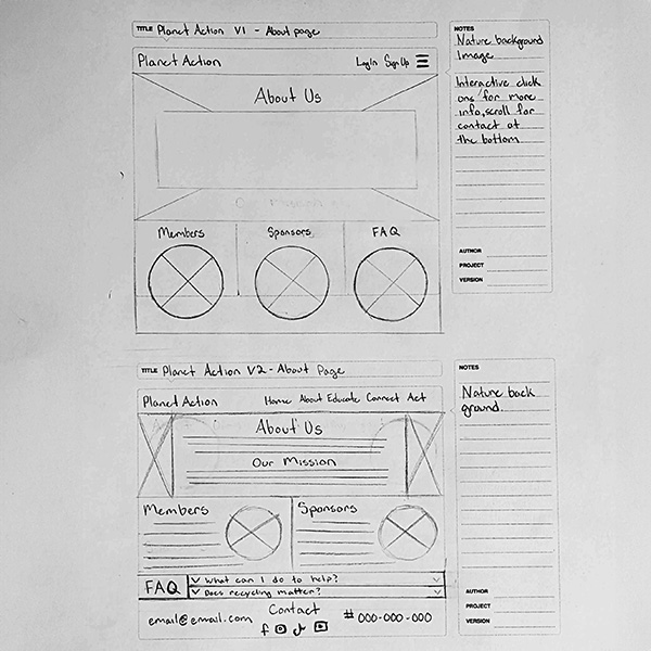 Planet Action about page low fidelity wireframe